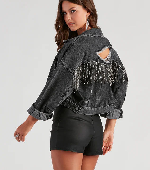 Chaqueta Denim Flecos Brillos Rocker-Chic